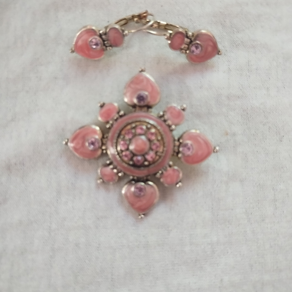 Silver toned pink CZ pendant and earrings set